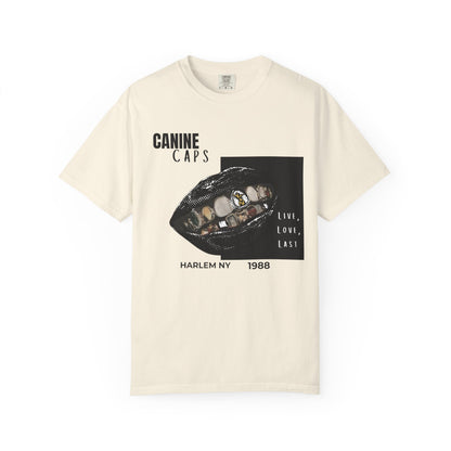 Rap culture apparel canine caps tee on model streetwear look
