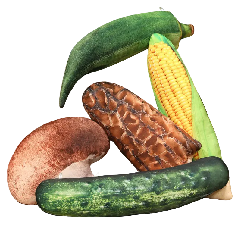 Realistic 3D vegetable plushies collection showing corn okra cucumber and mushroom stuffed food pillows