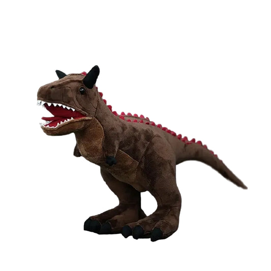 Realistic Carnotaurus plush 35cm standing with bull like brow horns and back spines clearly visible