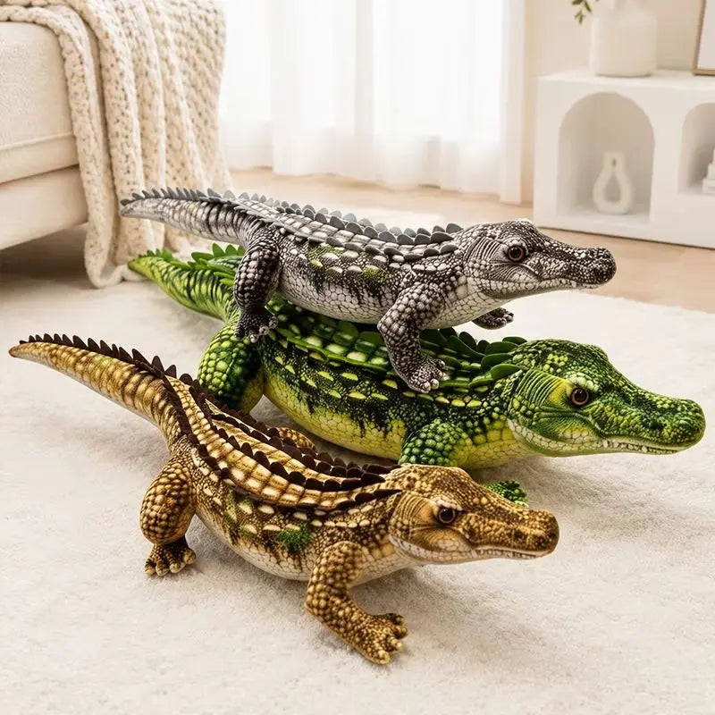 Realistic brown crocodile plush, oversized stuffed toy front view on white background