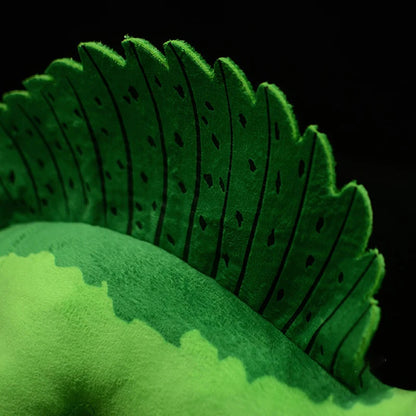 Realistic dinosaur plush Spinosaurus with PP cotton filling shown unboxed on display surface