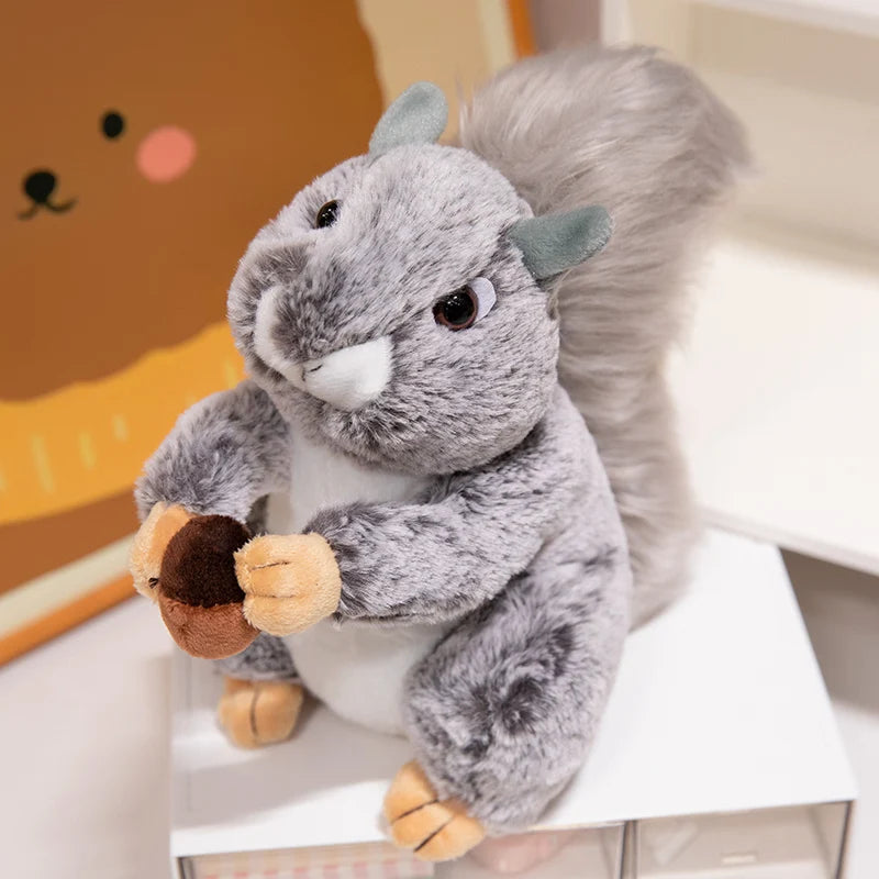 Realistic grey squirrel plush with big umbrella tail

