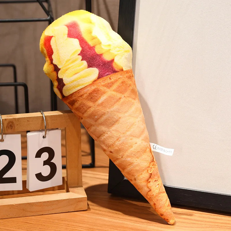 Realistic ice cream plush with crosshatch waffle cone texture detail