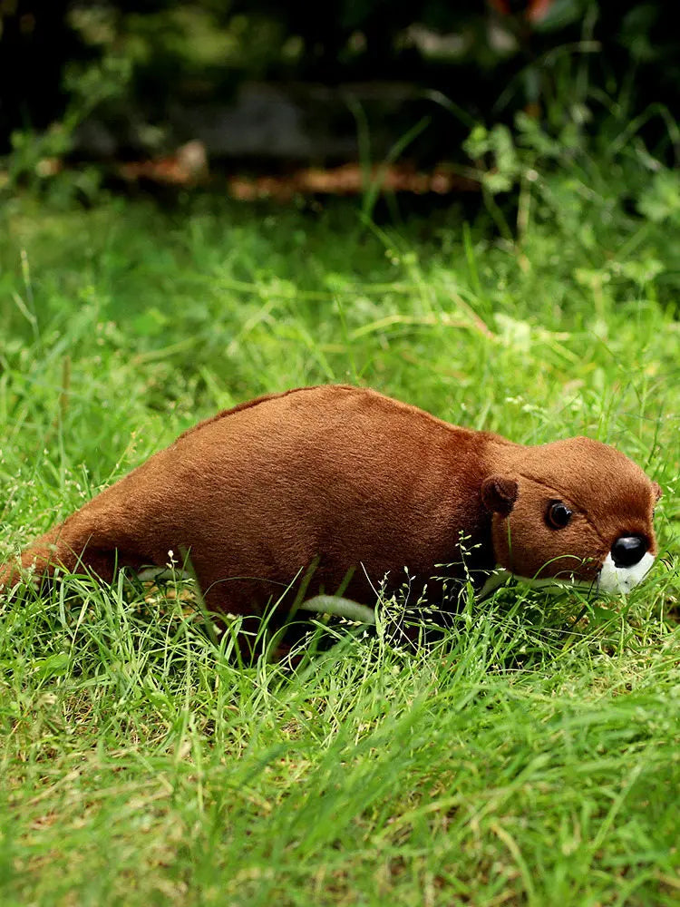 Realistic otter stuffed animal face and eyes detail close up