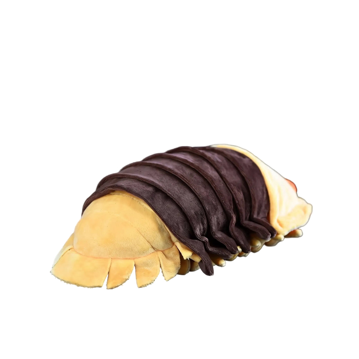 Realistic pillbug stuffed animal with authentic yellow and dark brown Cubaris sp. coloring