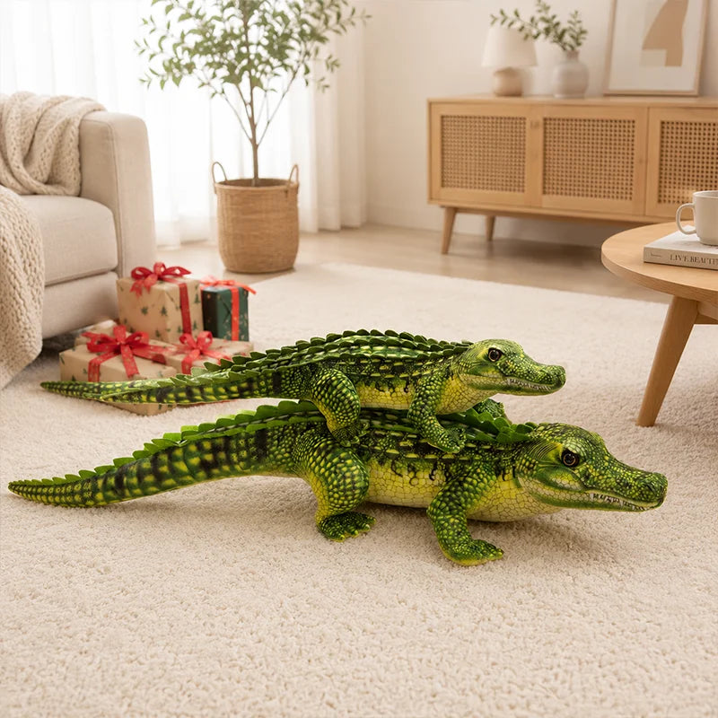 Realistic stuffed animal crocodile in gray, room decor plush in modern bedroom setting