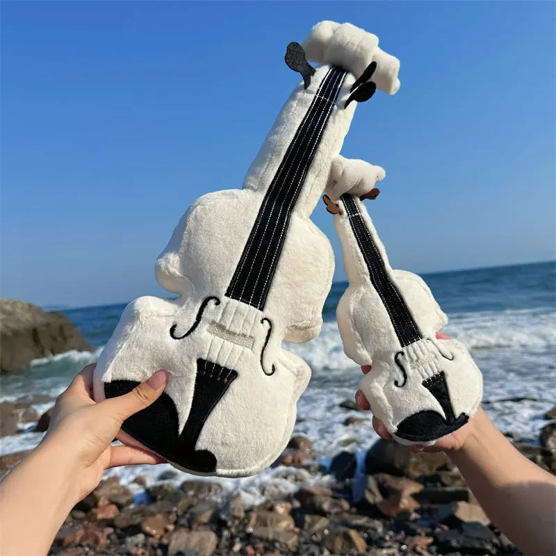 Realistic violin plush toy flat lay, instrument-shaped plushie for musicians