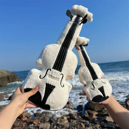 Realistic violin plush toy flat lay, instrument-shaped plushie for musicians