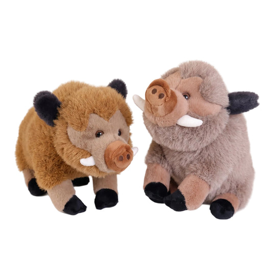 Realistic wild boar plush toy with white tusks on white background