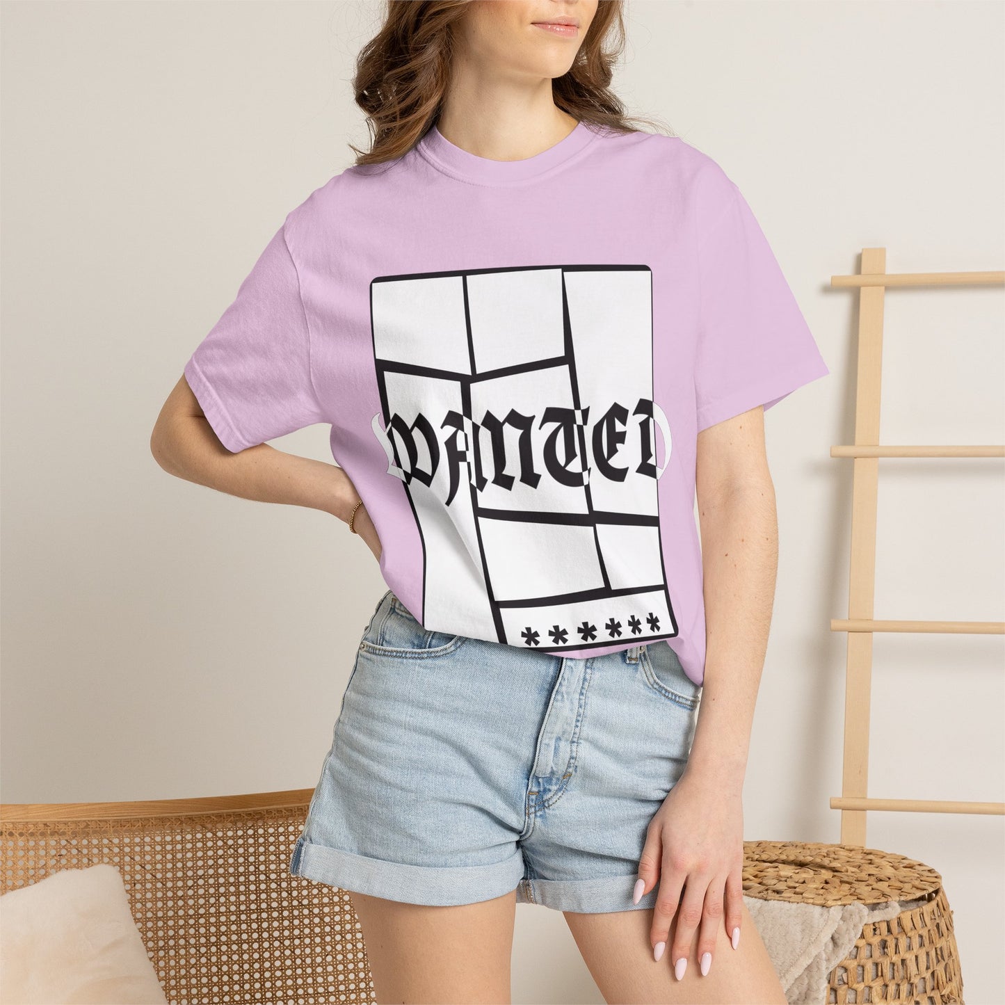 Rebellious streetcore tee with distorted WANTED typography on navy