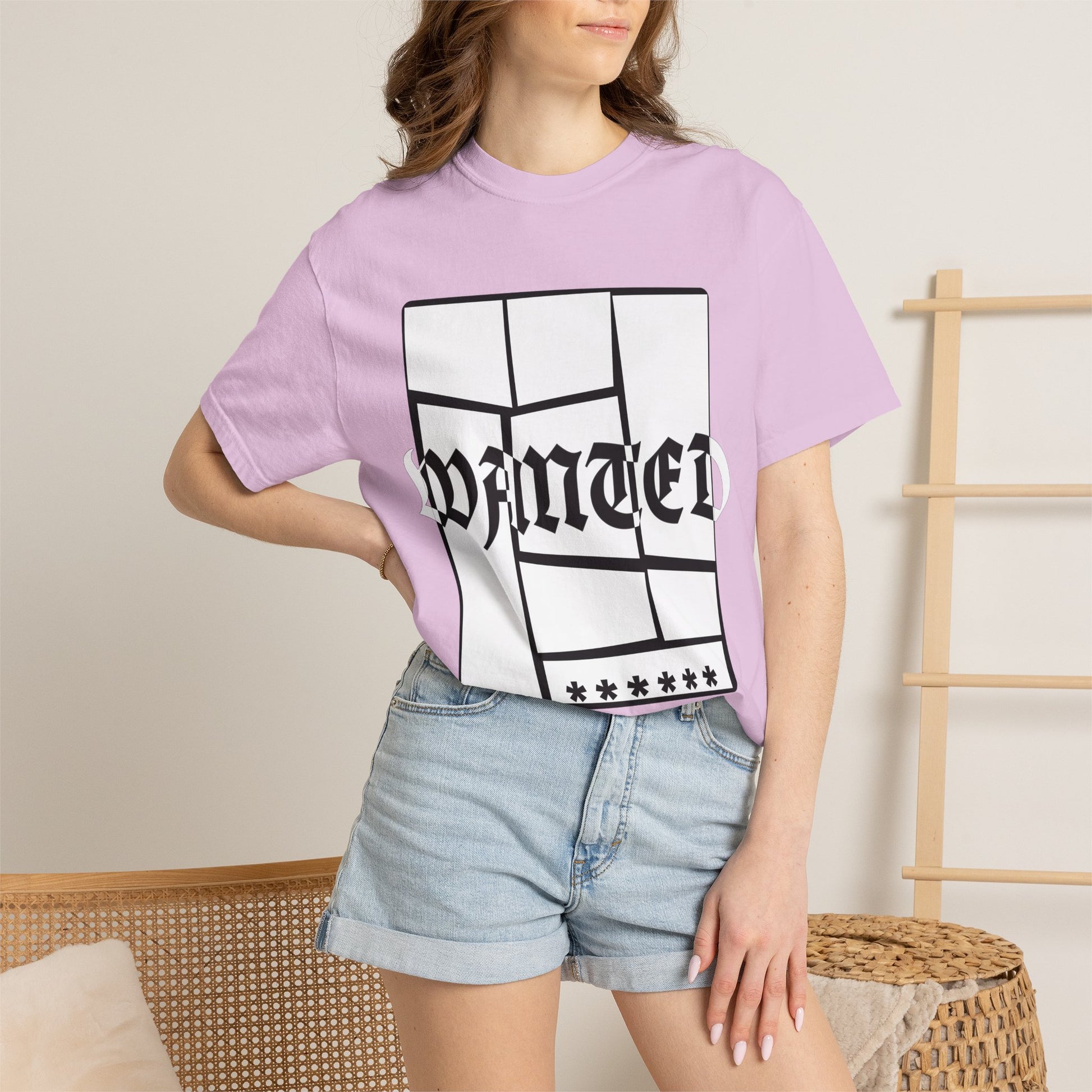 Rebellious streetcore tee with distorted WANTED typography on navy