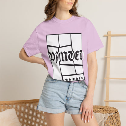 Rebellious streetcore tee with distorted WANTED typography on navy