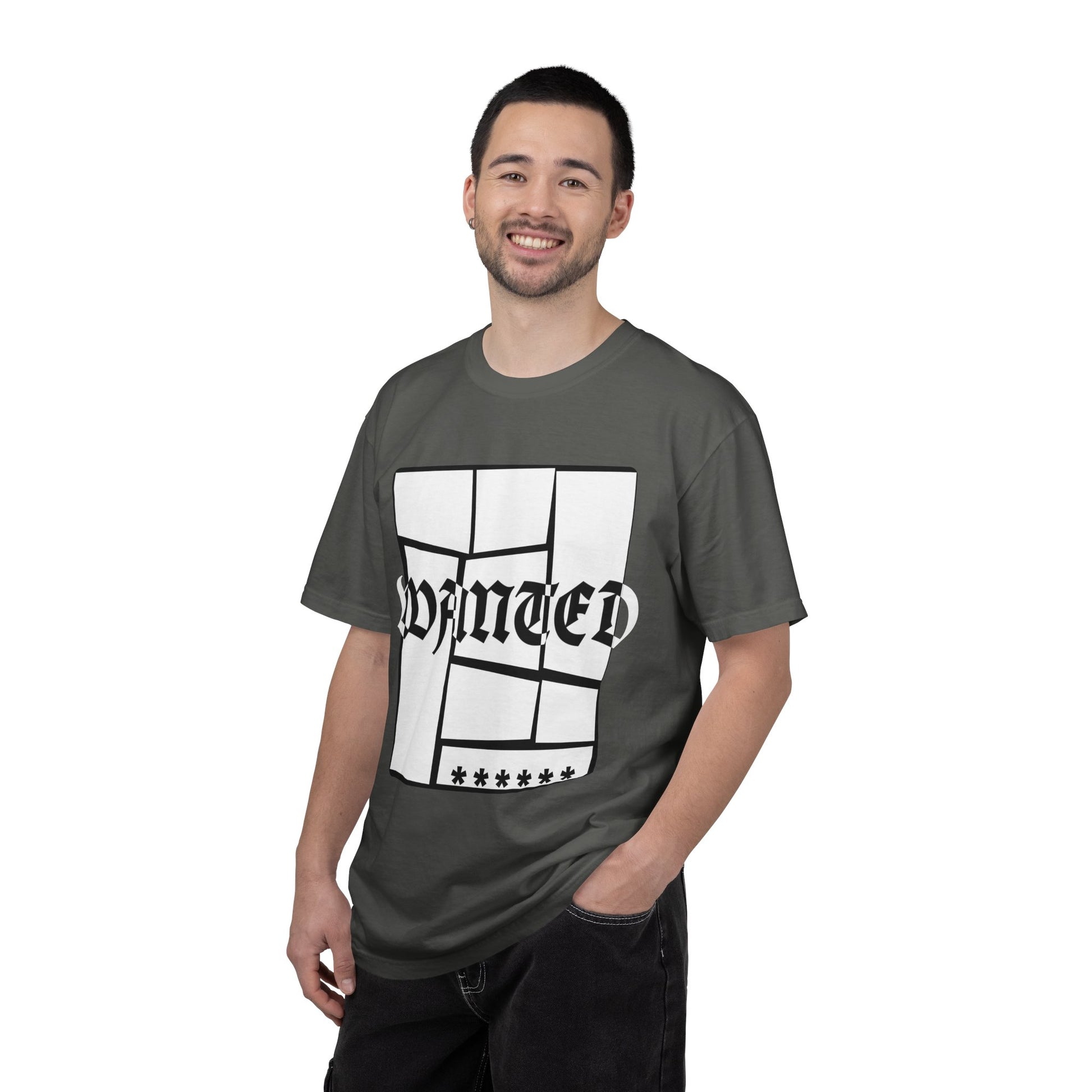 Rebellious streetwear tee with bold WANTED graphic in blackletter style
