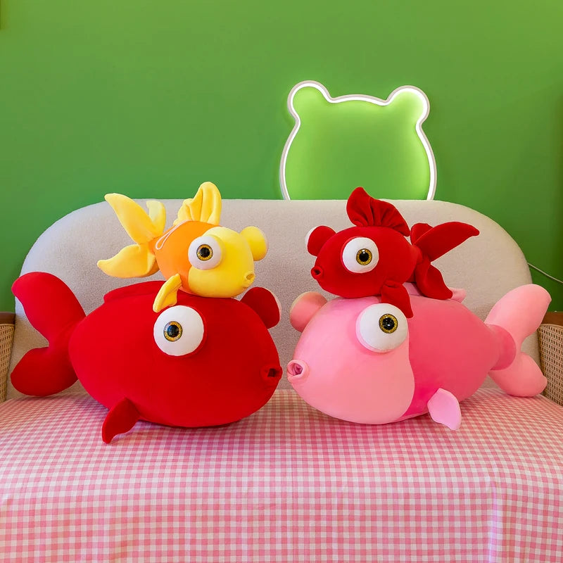Red chonky goldfish plush pillow, full body front view