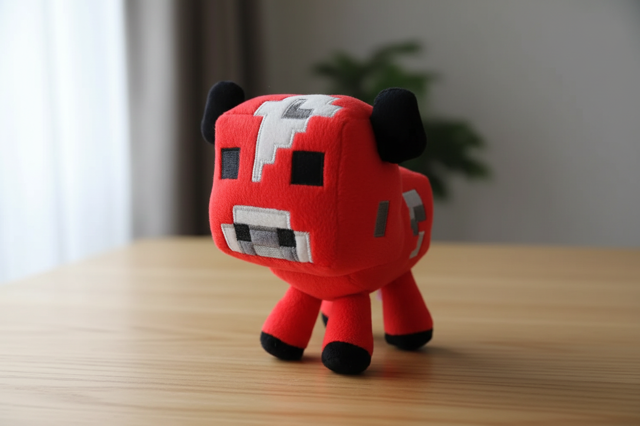 Red cow plushie with embroidered eyes and cute horns