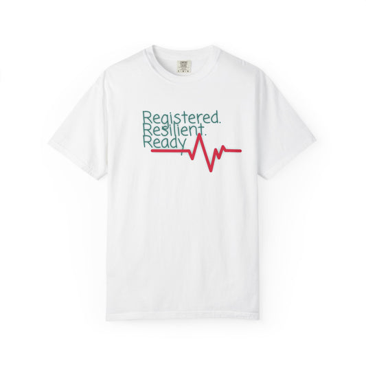 Registered Resilient Ready nurse graphic tee with heartbeat line design