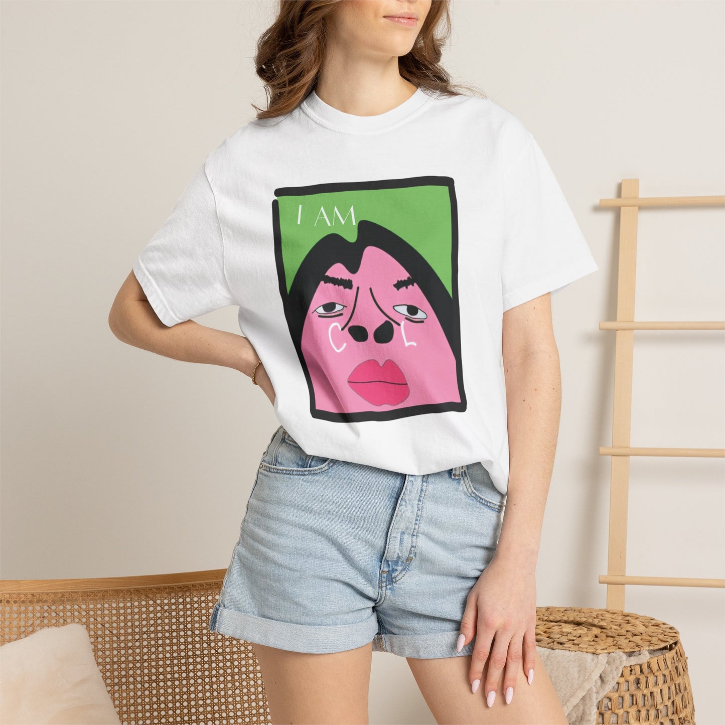 Relatable humor tee I Am Cool meme design close-up print detail