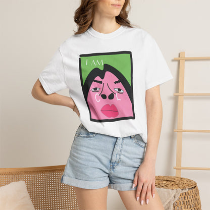 Relatable humor tee I Am Cool meme design close-up print detail