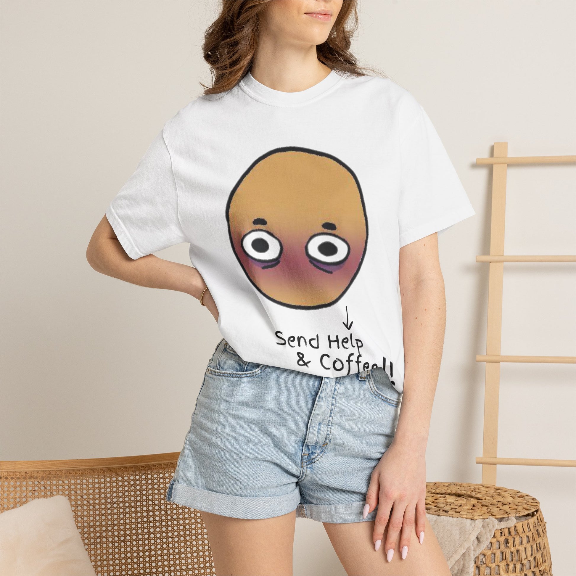 Relatable meme t-shirt for coffee lovers — blush face send help design