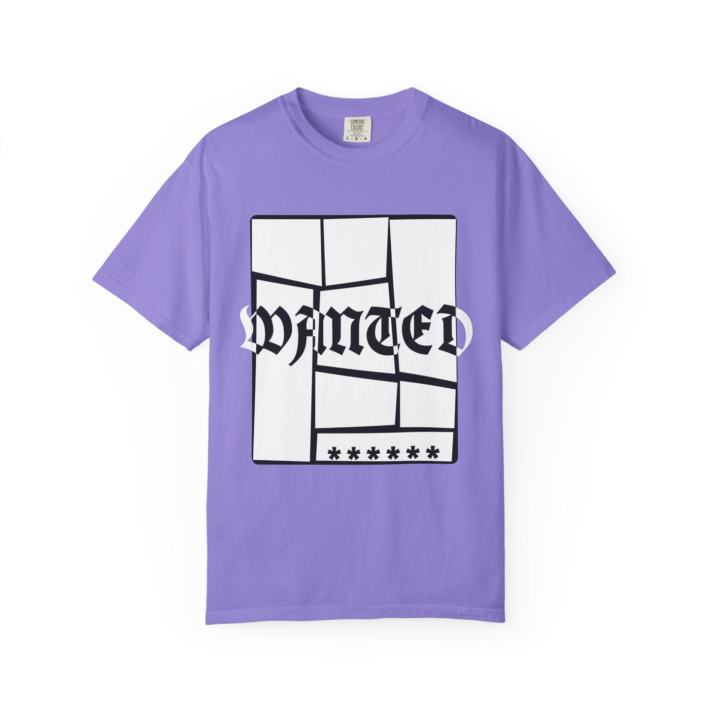 Relaxed fit navy tee with bold WANTED blackletter chest print