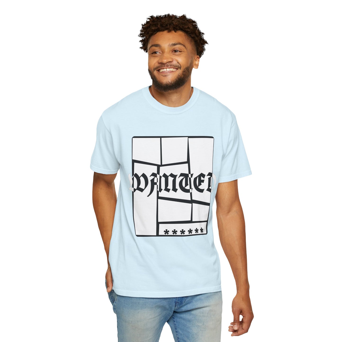 Relaxed fit navy tee with rebellious WANTED blackletter chest graphic