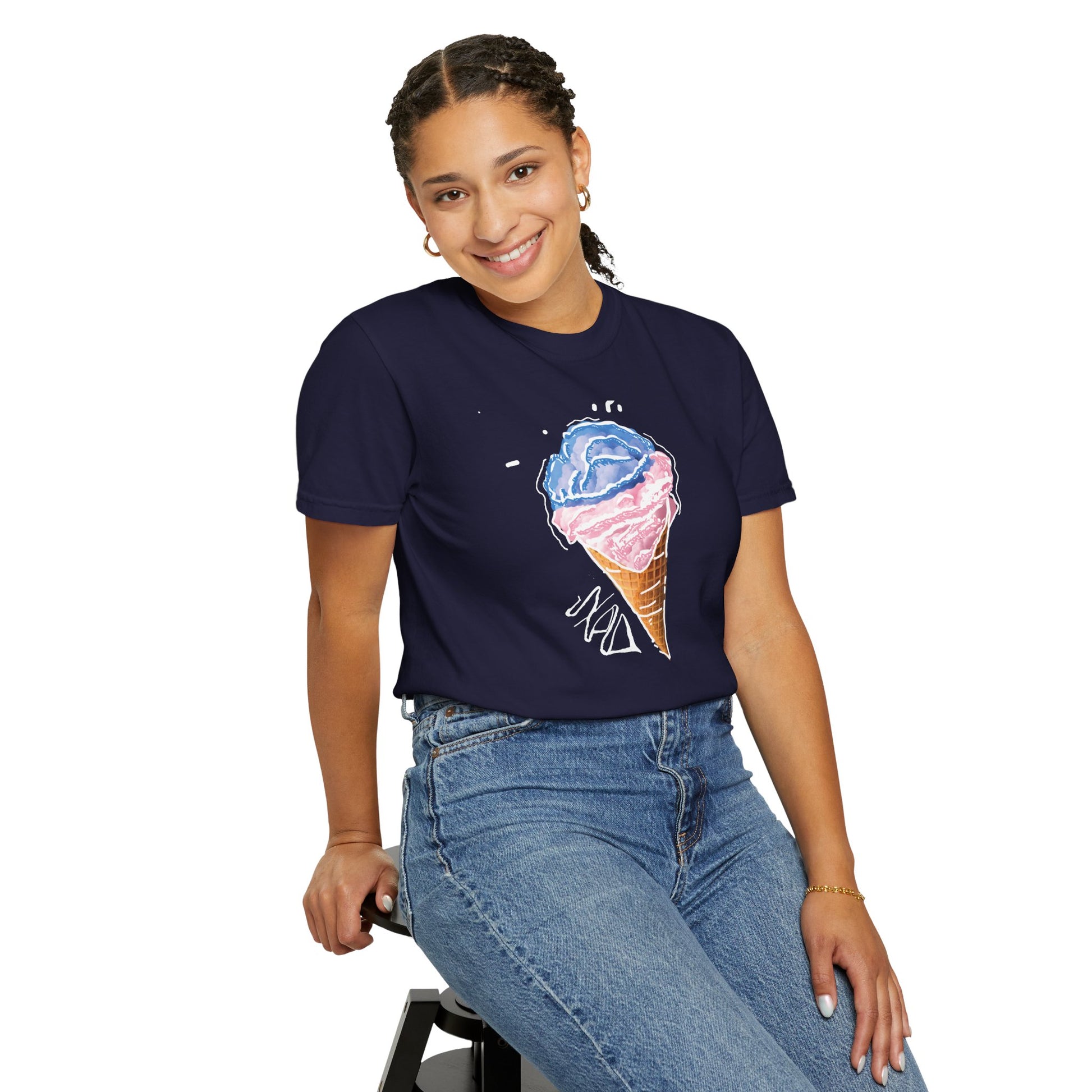 Relaxed unisex tee with soft watercolor ice cream chest print in blue and pink tones