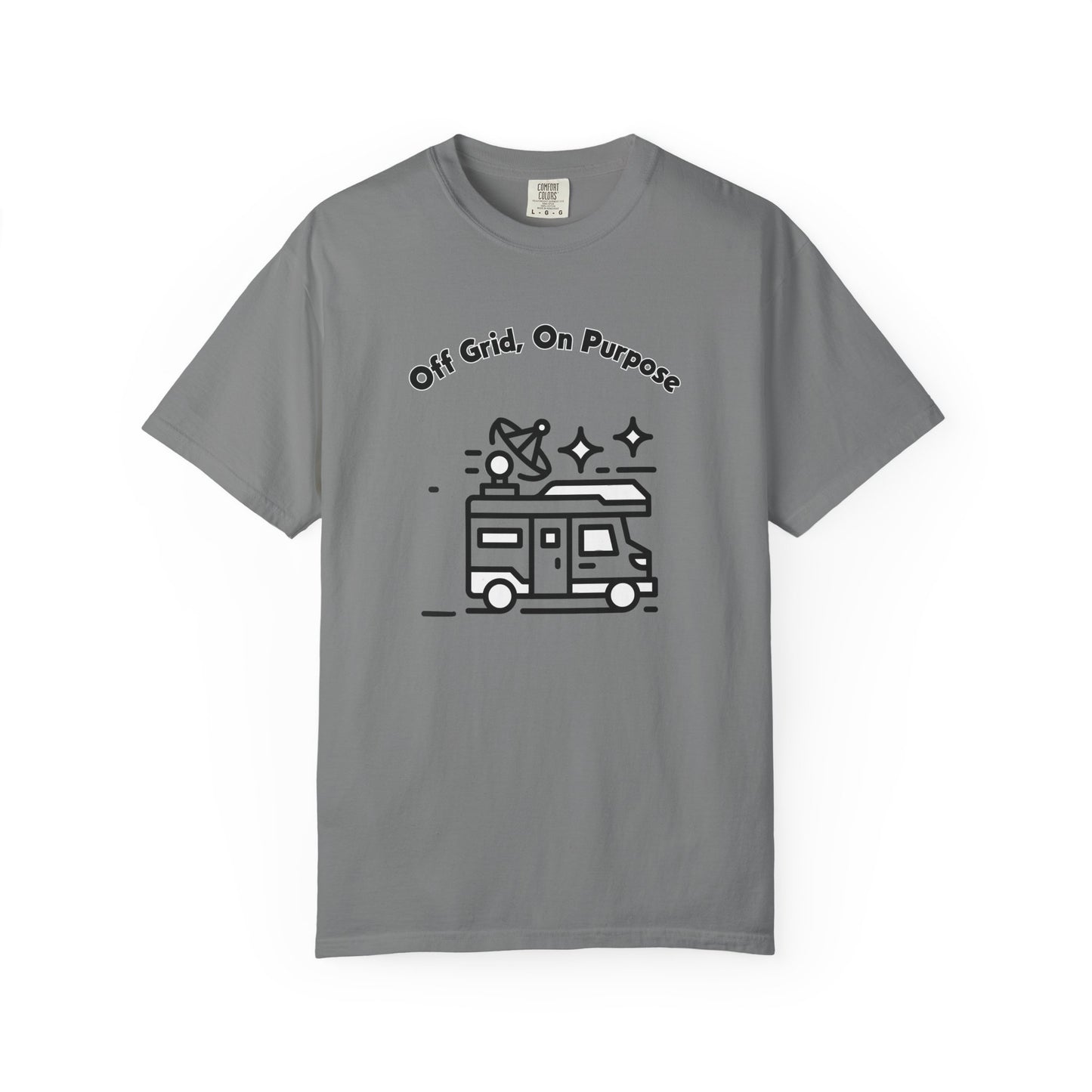 Relaxed van life tee worn at sunrise near a converted van at a dispersed campsite