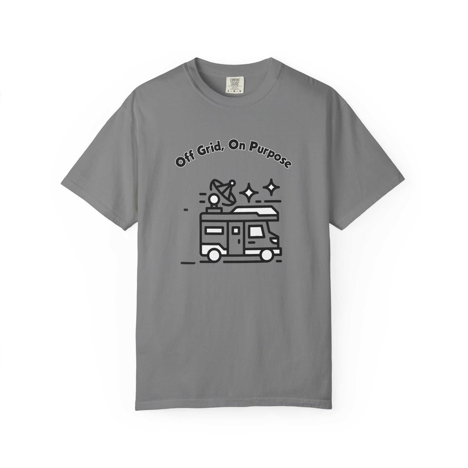 Relaxed van life tee worn at sunrise near a converted van at a dispersed campsite