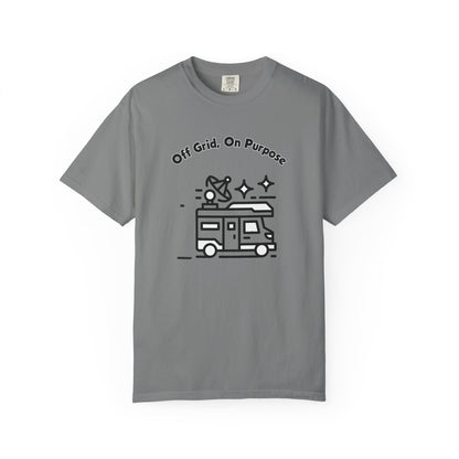 Relaxed van life tee worn at sunrise near a converted van at a dispersed campsite