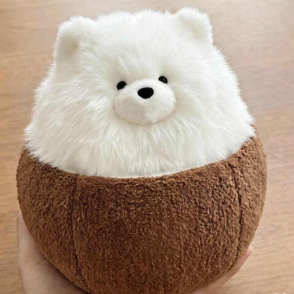 Removable coconut shell plush toy - white fluffy puppy removed from coconut shell display