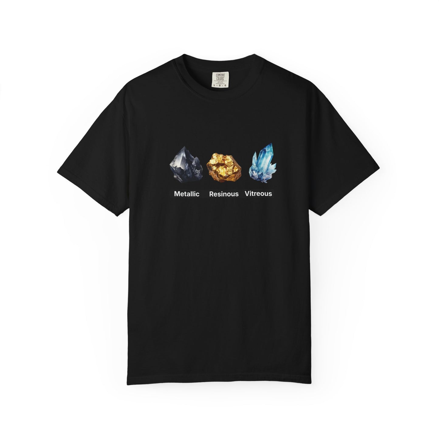 Resinous and vitreous crystal luster types graphic on dark pigment dyed shirt