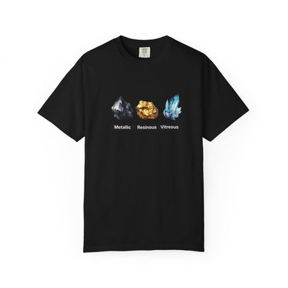 Resinous and vitreous crystal luster types graphic on dark pigment dyed shirt