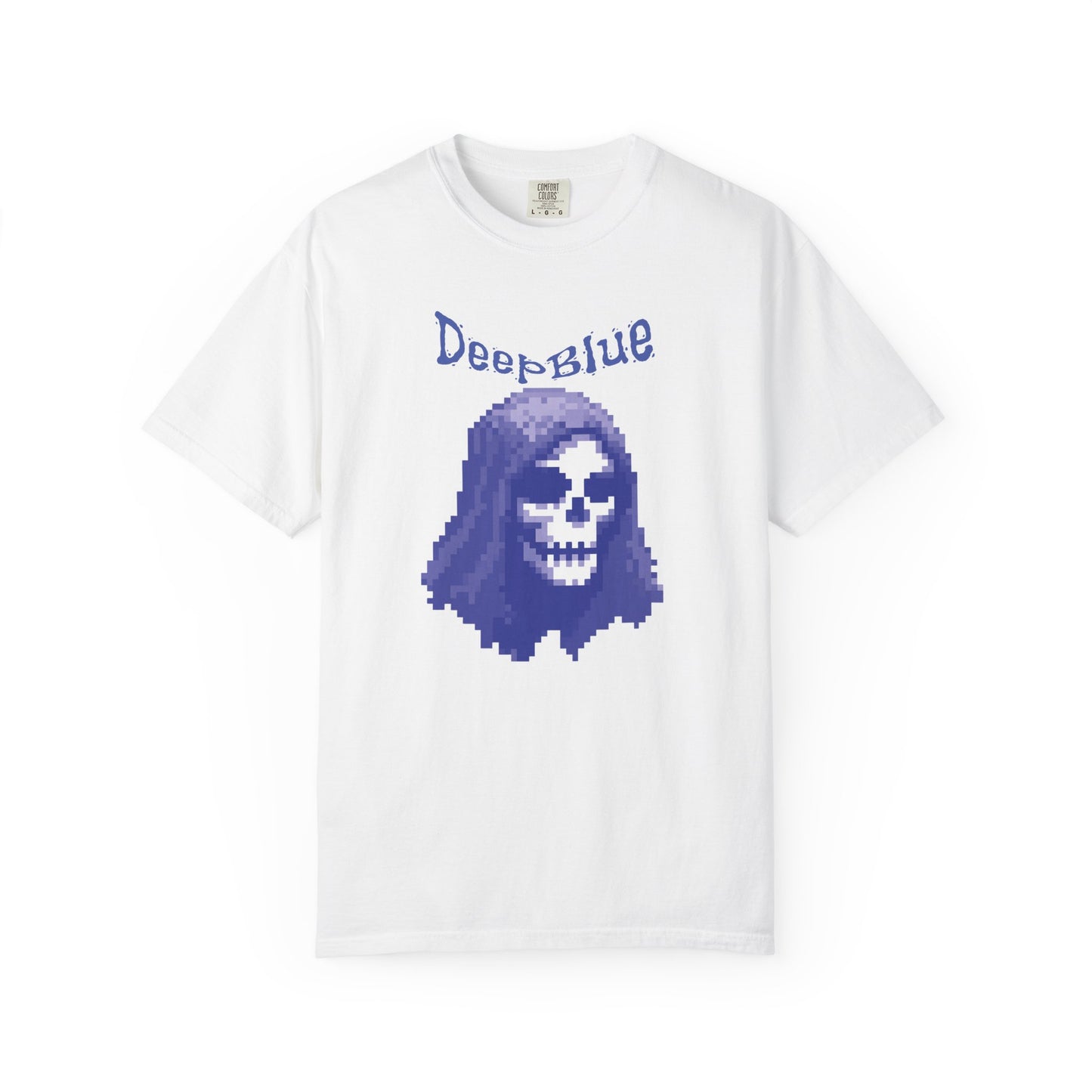 Resynced from the Deep Blue pixel pirate unisex graphic tee flat lay on dark background
