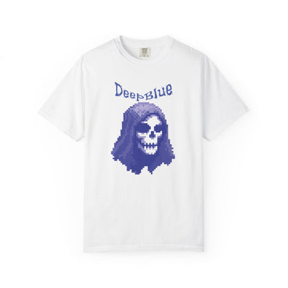 Resynced from the Deep Blue pixel pirate unisex graphic tee flat lay on dark background
