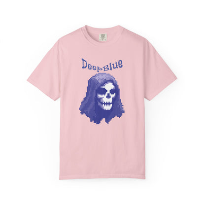 Resynced from the Deep Blue shirt hanging on wall with moody cinematic lighting

