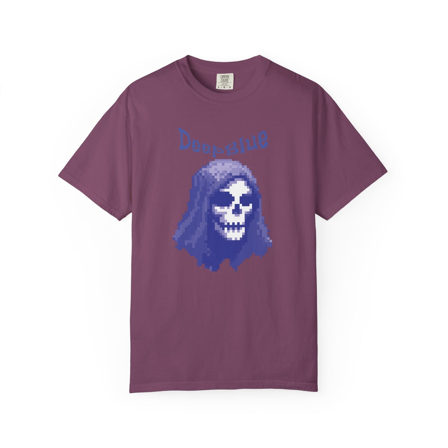 Resynced from the Deep Blue unisex tee folded on wooden surface with moody ocean-tone lighting
