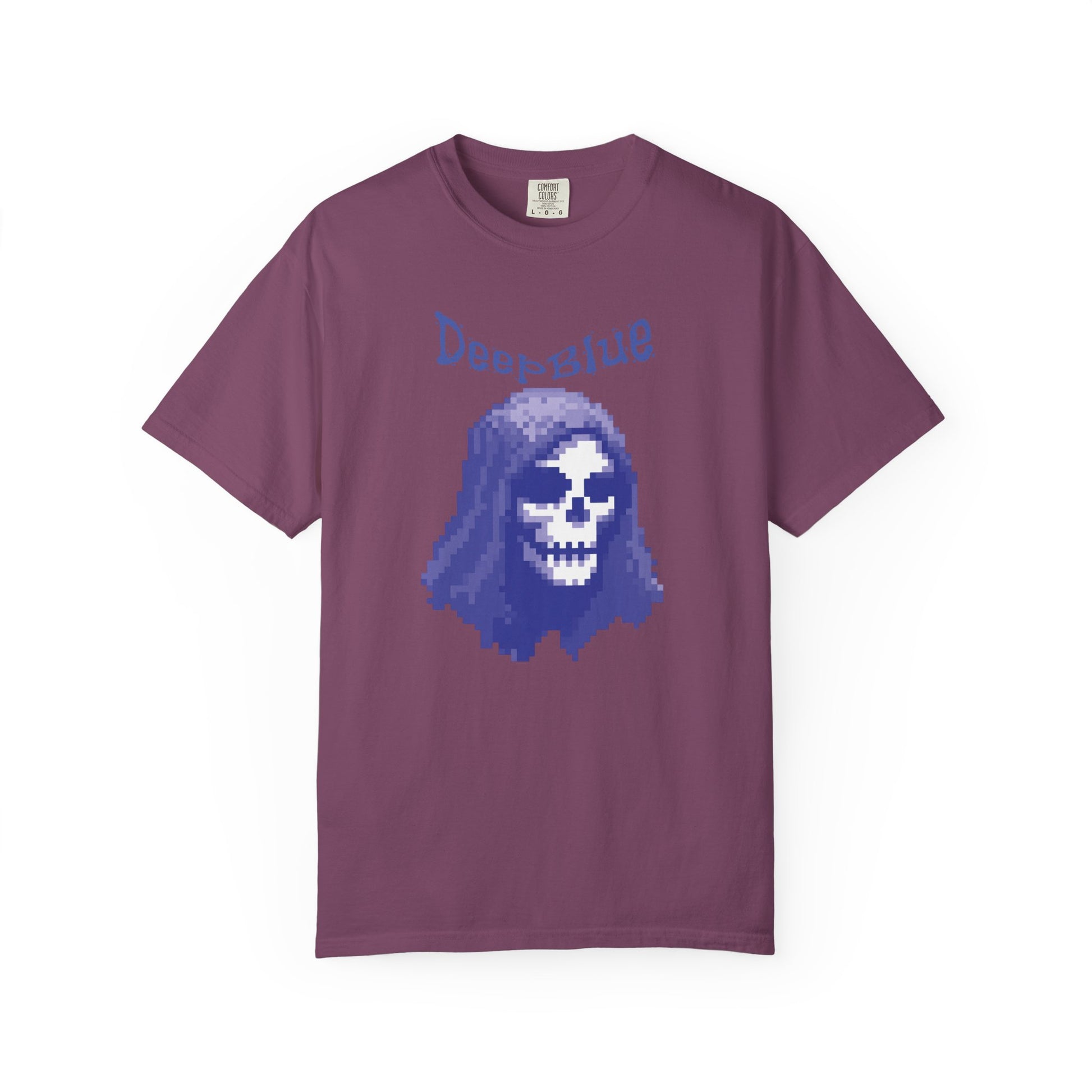 Resynced from the Deep Blue unisex tee folded on wooden surface with moody ocean-tone lighting
