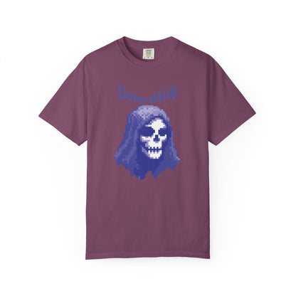 Resynced from the Deep Blue unisex tee folded on wooden surface with moody ocean-tone lighting
