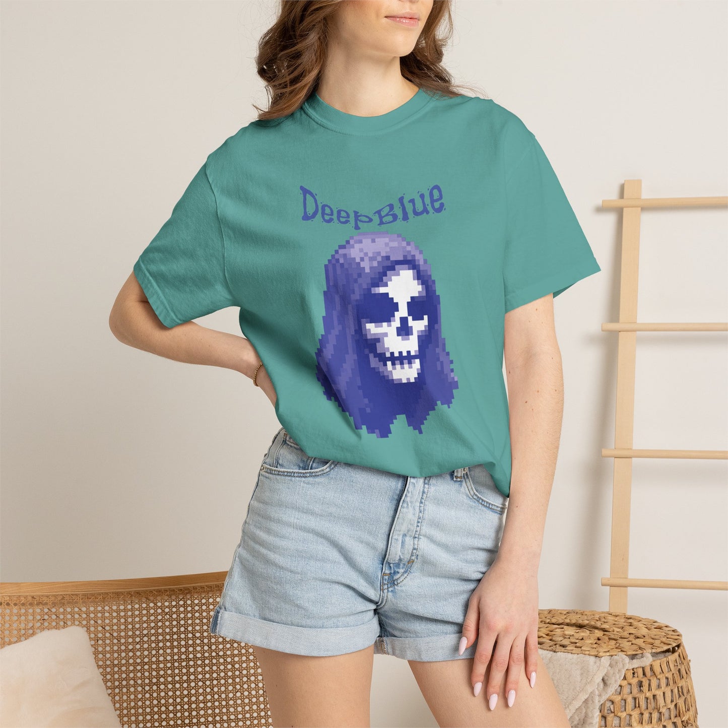 Resynced tees pixel art print under UV light highlighting glitch design details
