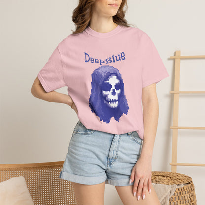 Resynced tees pixel art shirt styled with dark aesthetic desk setup background
