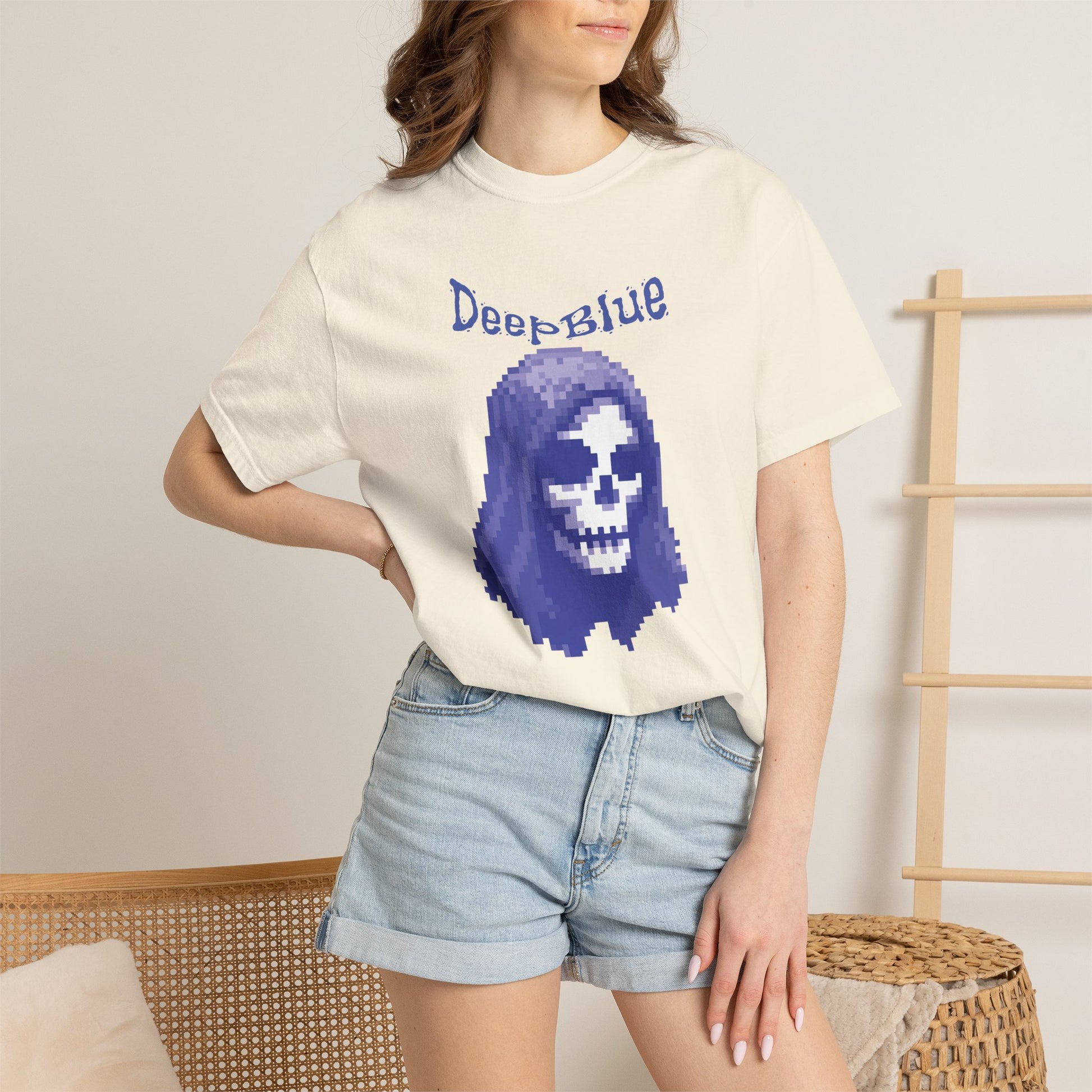 Resynced tees pixel skull design detail shot on heavyweight 6.1 oz cotton

