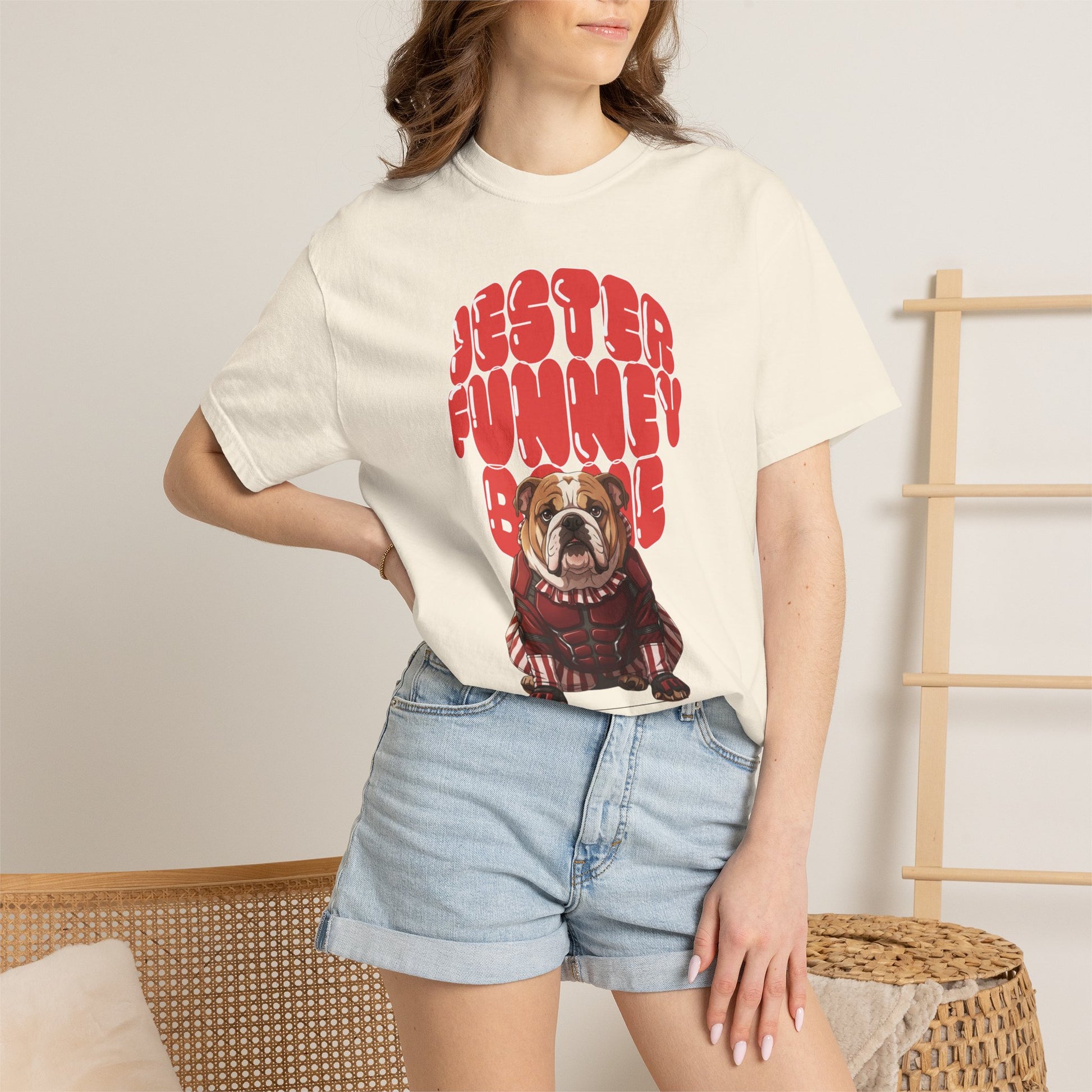 Retro-inspired typography above an illustration of a bulldog jester.