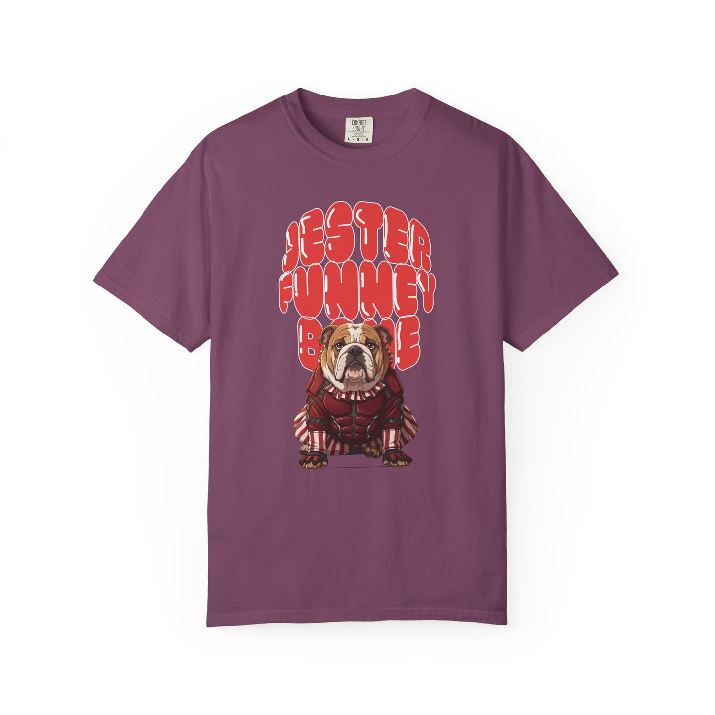 Retro-style graphic design featuring a bulldog with a playful, chaotic expression.