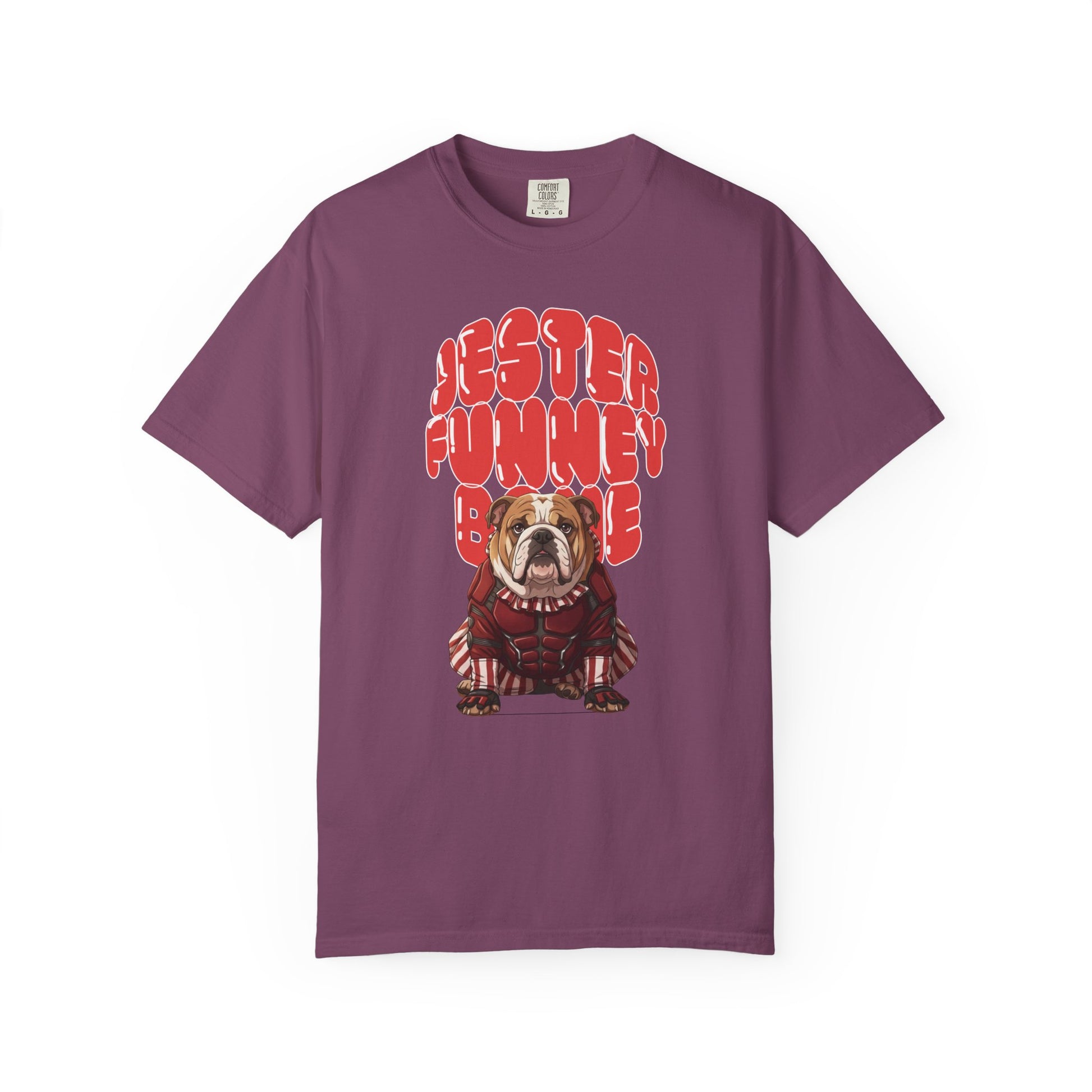 Retro-style graphic design featuring a bulldog with a playful, chaotic expression.