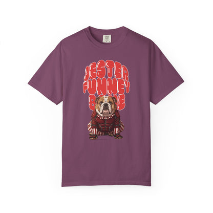 Retro-style graphic design featuring a bulldog with a playful, chaotic expression.
