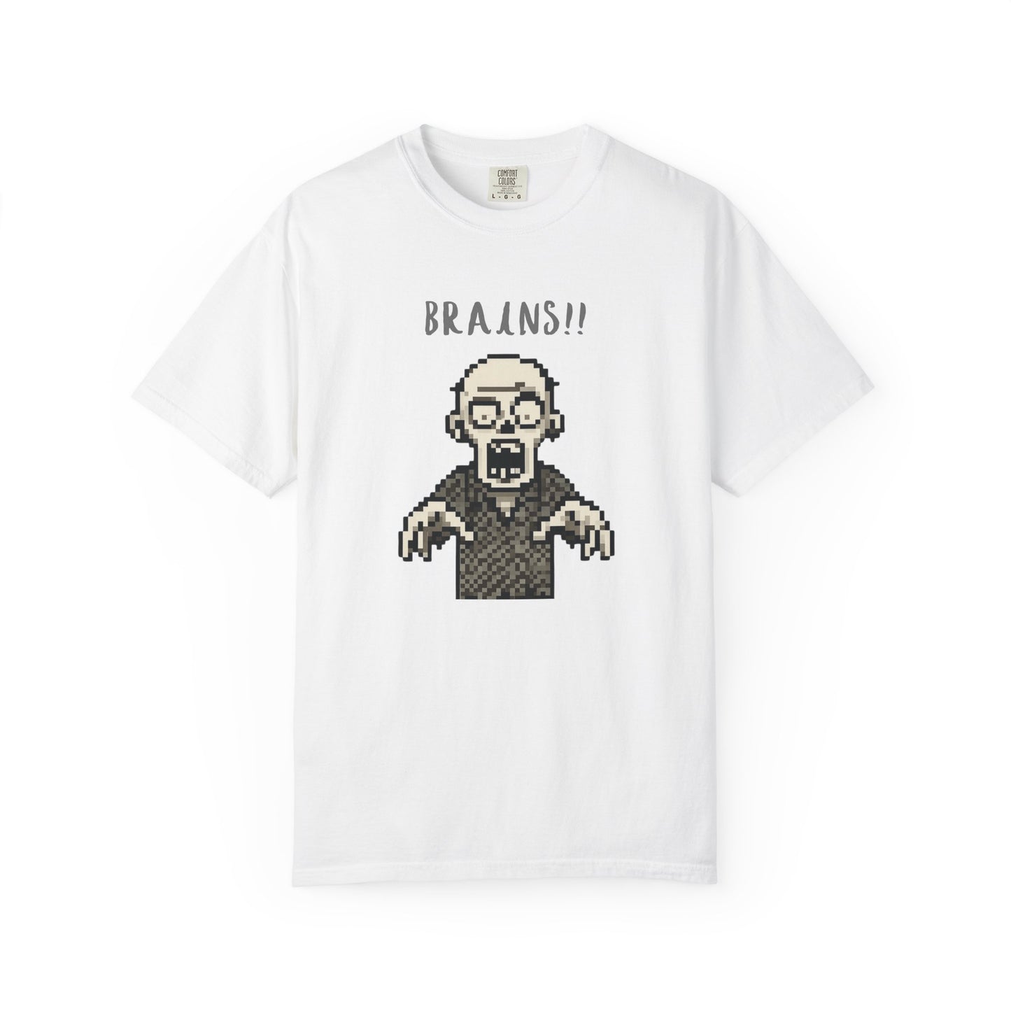 Retro 8-bit pixel art zombie t-shirt with BRAINS!! graphic.