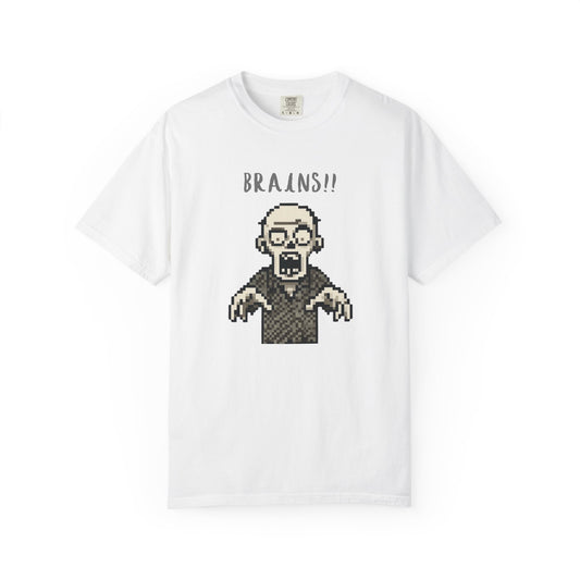 Retro 8-bit pixel art zombie t-shirt with BRAINS!! graphic.