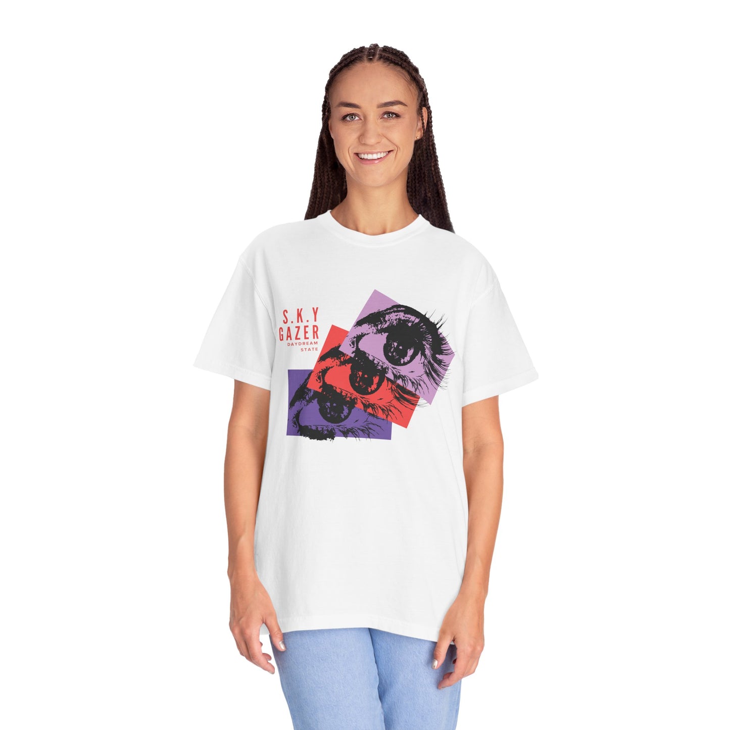 Retro aesthetic graphic tee back view showing double needle stitching at hem and sleeve cuff