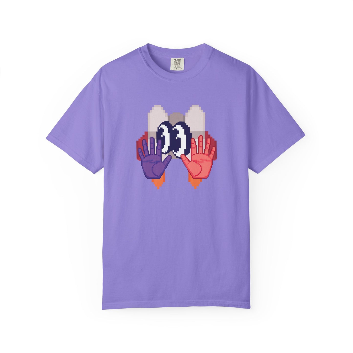 Retro art tshirt pixel hands design washed lifestyle outdoor shot
