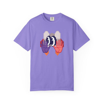 Retro art tshirt pixel hands design washed lifestyle outdoor shot

